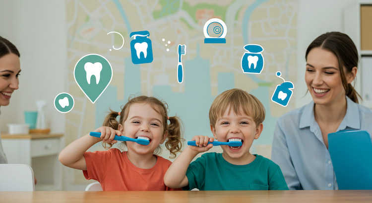 two happy kids are brushing their teeth while two dentists are looking at them kindly. 