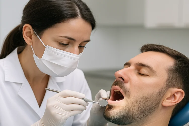 A picture of a dentist examining a patient's mouth representing CBCT scan for implant placement
