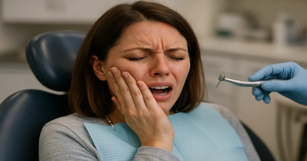 a picture of a lady suffering from tooth pain