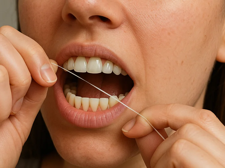 A picture of a lady flossing her teeth in order to reach proper dental hygiene