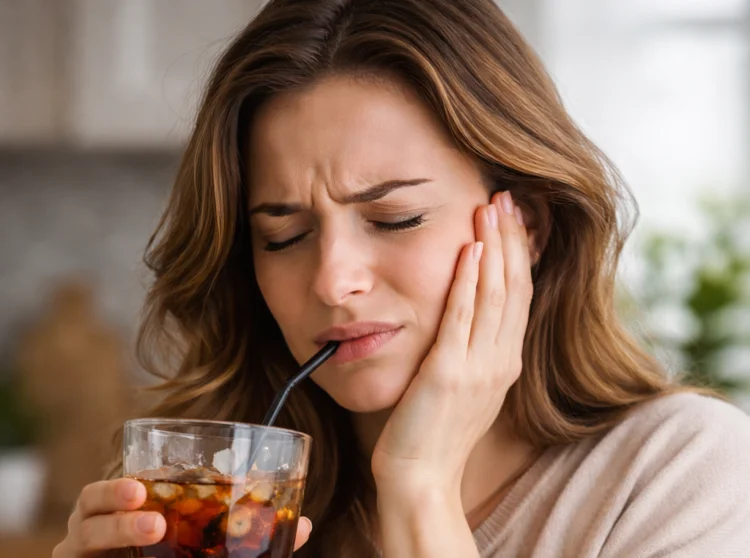 A picture of a woman suffering from toothache that is because of enamel erosion