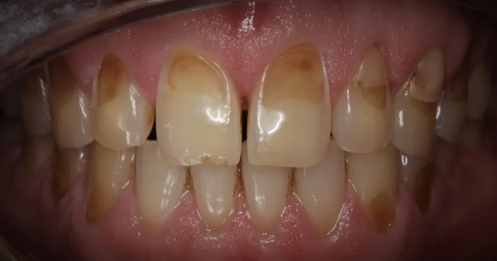 A picture of a set of teeth with acid erosion