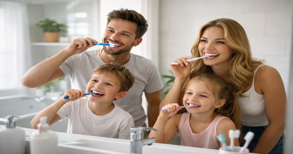 A picture of a family brushing their teeth together