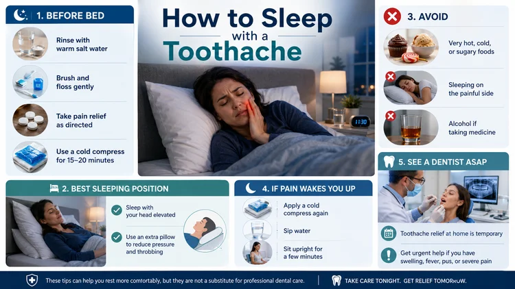 An infographic image about what to do whenever you are trying to sleep with a toothache