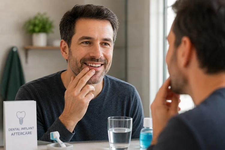 An image of a man taking care of his implants