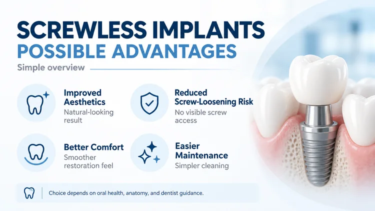 an infographic about advantages of screwless implants